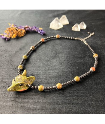 Unakite fox, lava rock and stainless steel forest witch necklace online