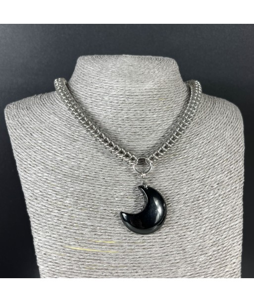 Full Persian Obsidian crescent moon chainmail necklace, stainless steel pas cher