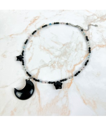 Collier Obsidienne lune et étoiles, morganite et onyx acier inoxydable Reine de la Nuit livraison gratuite