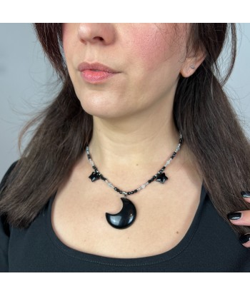 Collier Obsidienne lune et étoiles, morganite et onyx acier inoxydable Reine de la Nuit livraison gratuite