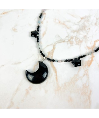 Collier Obsidienne lune et étoiles, morganite et onyx acier inoxydable Reine de la Nuit livraison gratuite