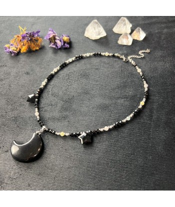 Collier Obsidienne lune et étoiles, morganite et onyx acier inoxydable Reine de la Nuit livraison gratuite