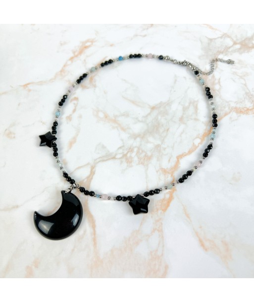 Obsidian moon and stars, morganite and onyx stainless steel Night queen necklace online