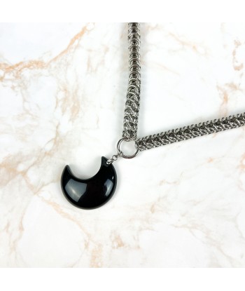 Collier de cotte de mailles en croissant de lune en obsidienne persane complète, acier inoxydable est présent 