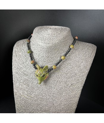 Unakite fox, lava rock and stainless steel forest witch necklace online