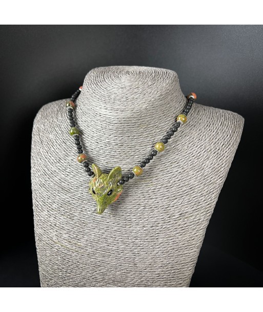 Unakite fox, lava rock and stainless steel forest witch necklace online