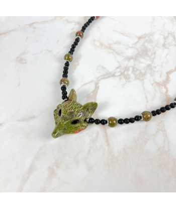 Unakite fox, lava rock and stainless steel forest witch necklace online