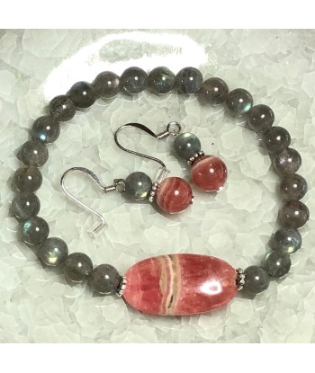 Parure Labradorite et Rhodochrosite en Argent 925 brillant des détails fins