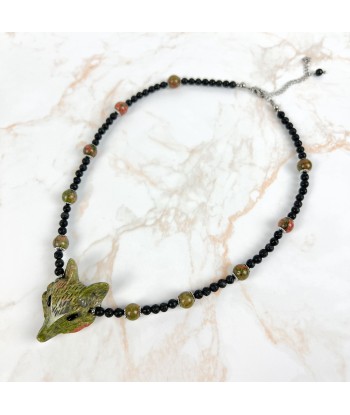 Unakite fox, lava rock and stainless steel forest witch necklace online