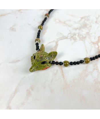 Unakite fox, lava rock and stainless steel forest witch necklace online