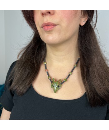 Unakite fox, lava rock and stainless steel forest witch necklace online